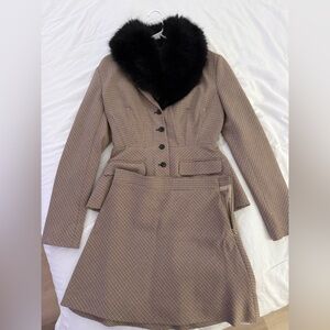 House of CB Brown Houndstooth Suit with Black Faux Fur Collar
